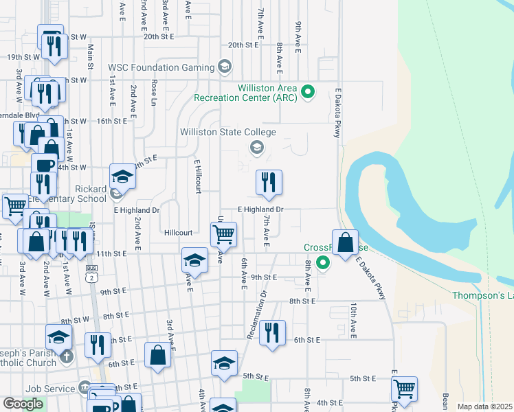 map of restaurants, bars, coffee shops, grocery stores, and more near 613 East Highland Drive in Williston