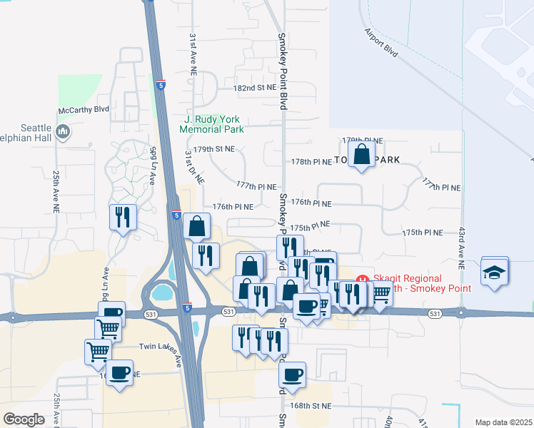 map of restaurants, bars, coffee shops, grocery stores, and more near 17609 34th Avenue Northeast in Arlington