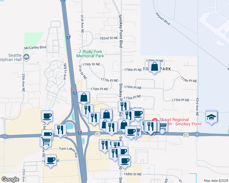 map of restaurants, bars, coffee shops, grocery stores, and more near 17609 34th Avenue Northeast in Arlington