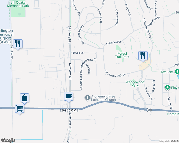 map of restaurants, bars, coffee shops, grocery stores, and more near 6906 Upland Drive in Arlington