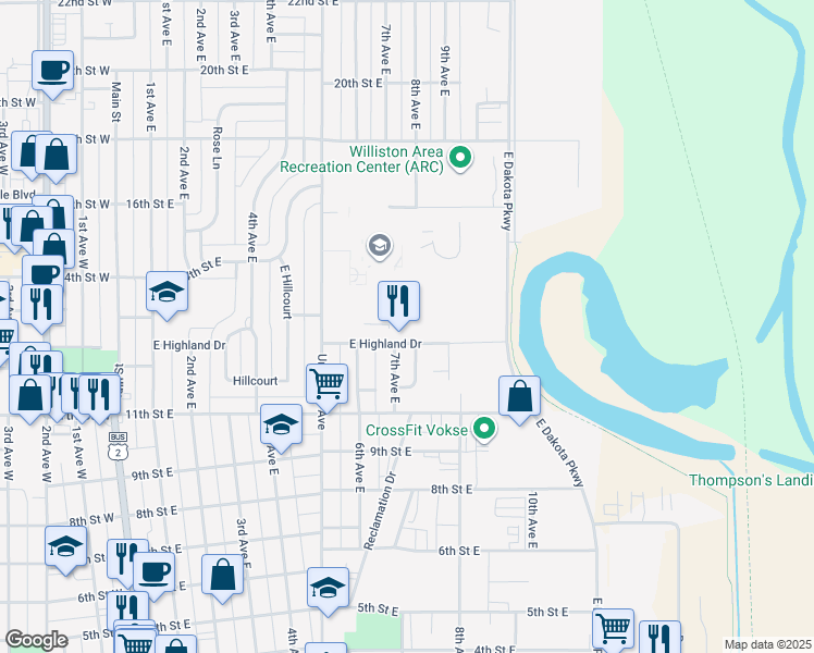 map of restaurants, bars, coffee shops, grocery stores, and more near 1218 East Ridge Court in Williston
