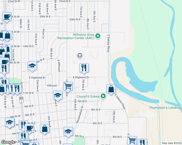 map of restaurants, bars, coffee shops, grocery stores, and more near 705 East Highland Drive in Williston