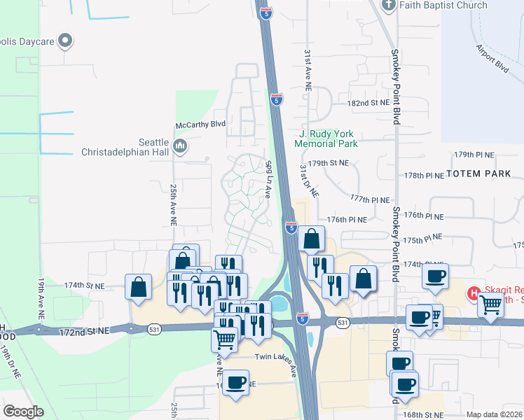 map of restaurants, bars, coffee shops, grocery stores, and more near 17702 Spring Lane Avenue in Marysville