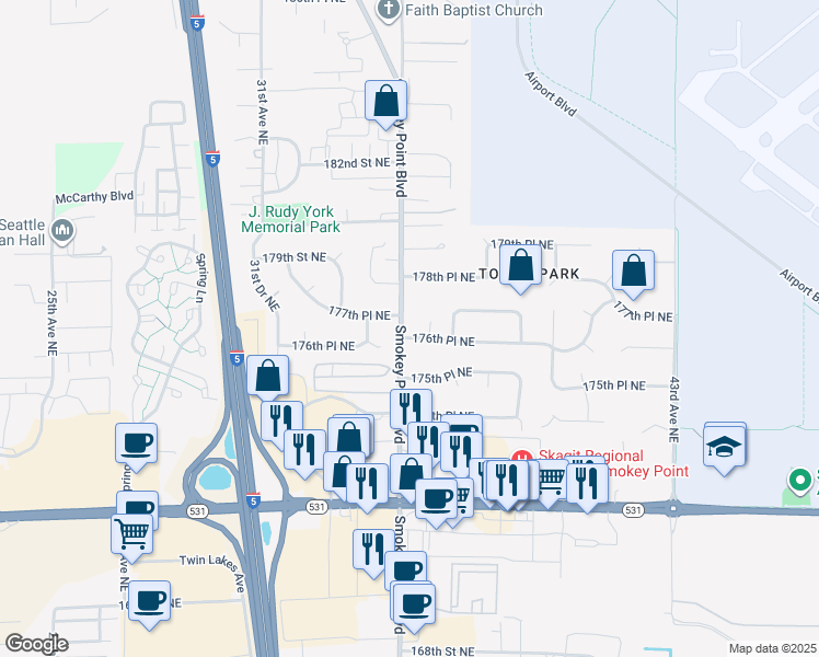 map of restaurants, bars, coffee shops, grocery stores, and more near 17721 Smokey Point Boulevard in Arlington