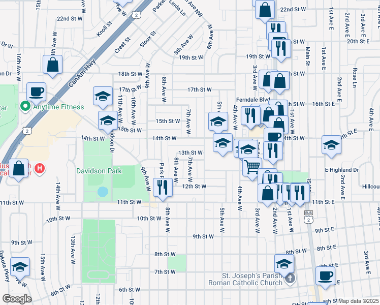 map of restaurants, bars, coffee shops, grocery stores, and more near 7th Avenue West in Williston