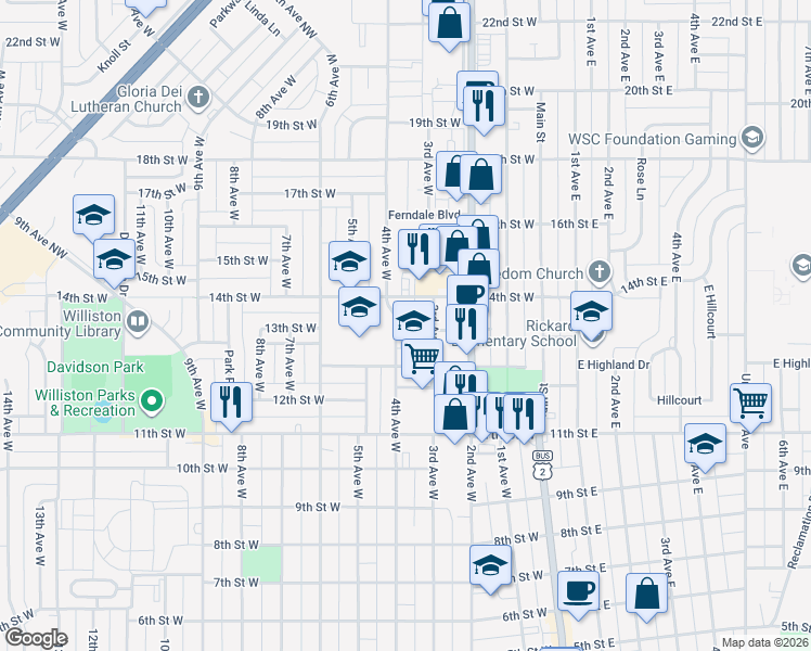 map of restaurants, bars, coffee shops, grocery stores, and more near 1316 4th Avenue West in Williston