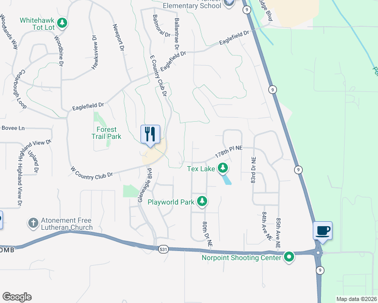 map of restaurants, bars, coffee shops, grocery stores, and more near 17808 79th Drive Northeast in Arlington