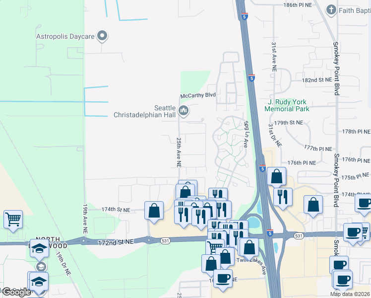 map of restaurants, bars, coffee shops, grocery stores, and more near 17729 25th Avenue Northeast in Marysville