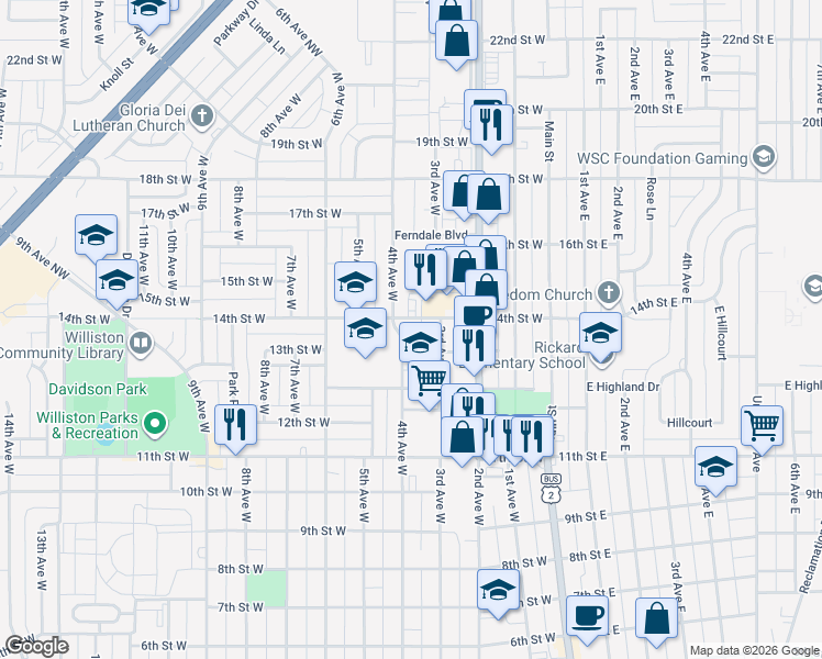 map of restaurants, bars, coffee shops, grocery stores, and more near 1316 4th Avenue West in Williston