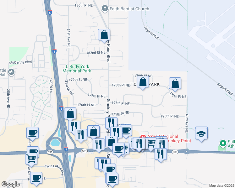 map of restaurants, bars, coffee shops, grocery stores, and more near 17721 Smokey Point Boulevard in Arlington