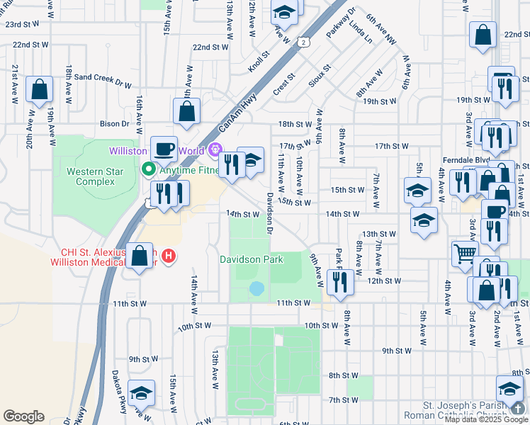 map of restaurants, bars, coffee shops, grocery stores, and more near 1201 9th Avenue Northwest in Williston