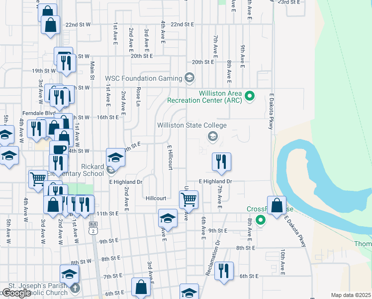 map of restaurants, bars, coffee shops, grocery stores, and more near 1410 University Avenue in Williston
