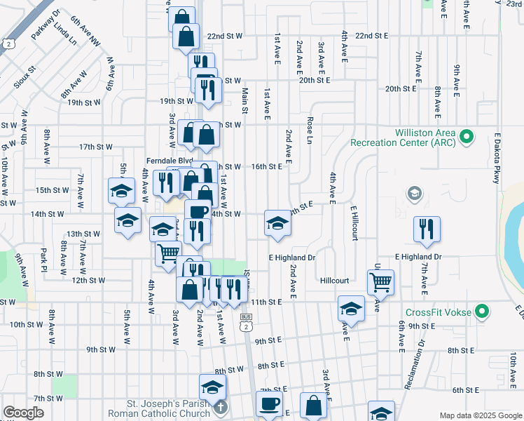 map of restaurants, bars, coffee shops, grocery stores, and more near 1401 1st Avenue West in Williston
