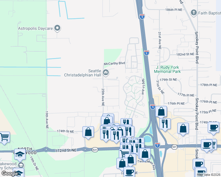 map of restaurants, bars, coffee shops, grocery stores, and more near 17729 25th Avenue Northeast in Marysville