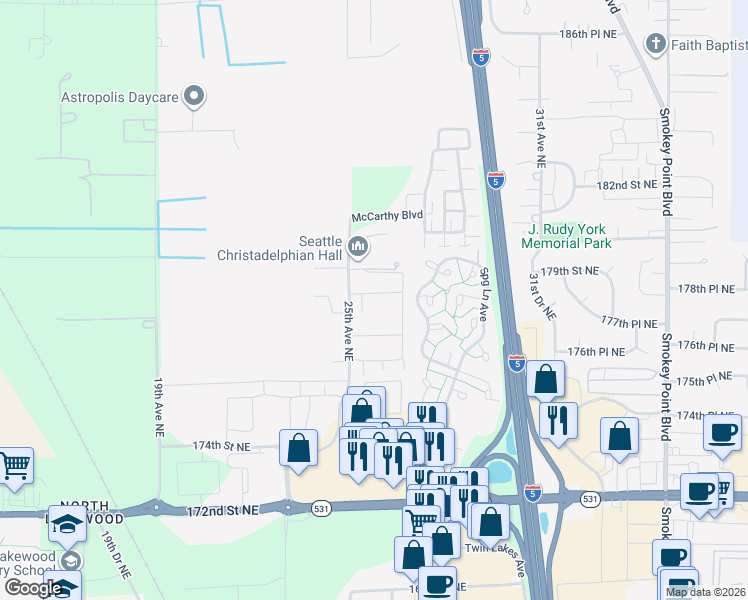 map of restaurants, bars, coffee shops, grocery stores, and more near 17729 25th Avenue Northeast in Marysville