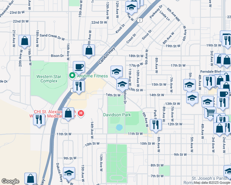 map of restaurants, bars, coffee shops, grocery stores, and more near 1201 9th Avenue Northwest in Williston