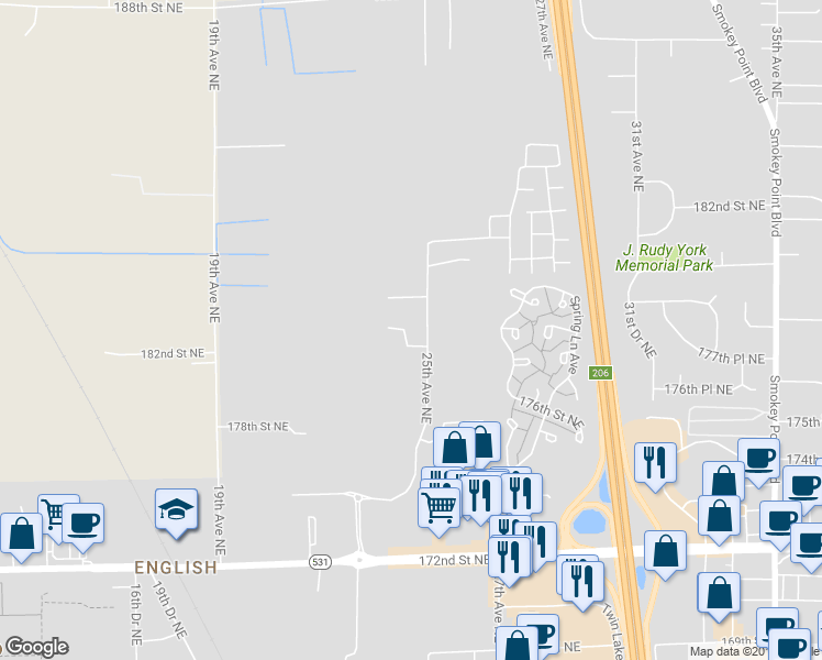 map of restaurants, bars, coffee shops, grocery stores, and more near 17810 25th Avenue Northeast in Marysville