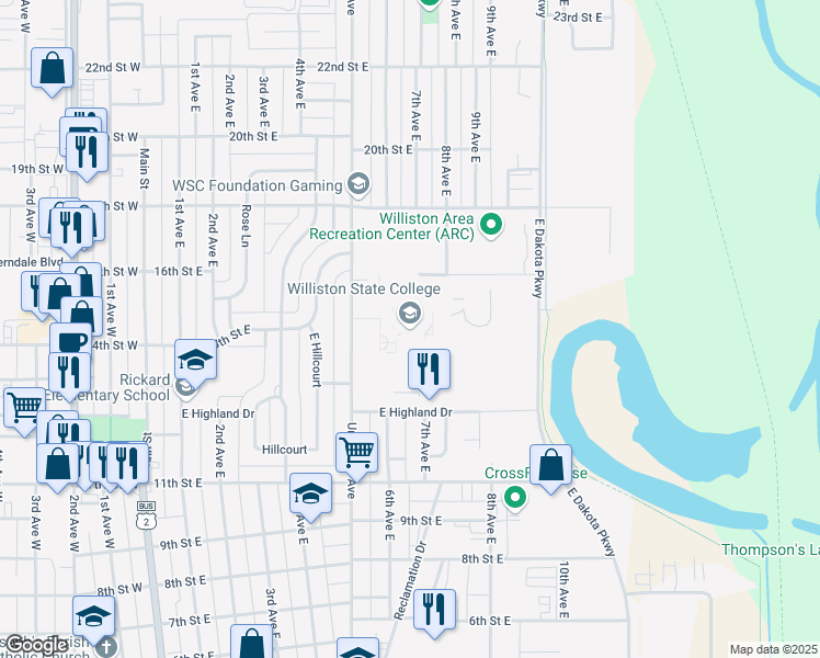 map of restaurants, bars, coffee shops, grocery stores, and more near 1410 University Avenue in Williston
