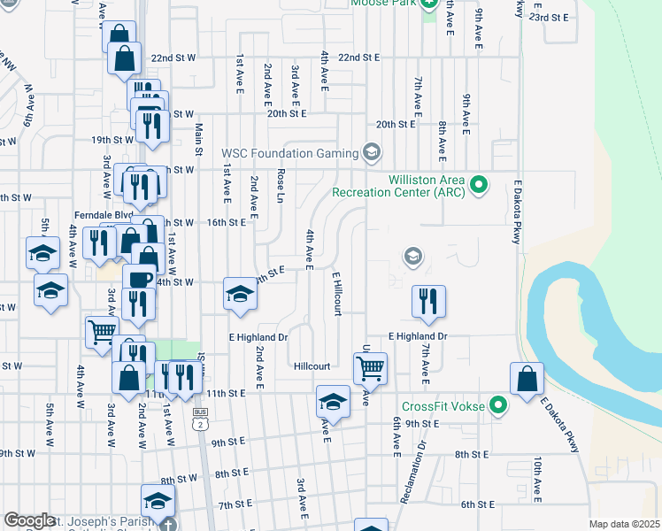 map of restaurants, bars, coffee shops, grocery stores, and more near 1401 East Hillcourt in Williston