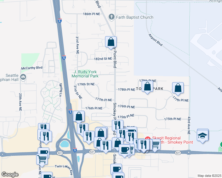 map of restaurants, bars, coffee shops, grocery stores, and more near 17910 34th Drive Northeast in Arlington