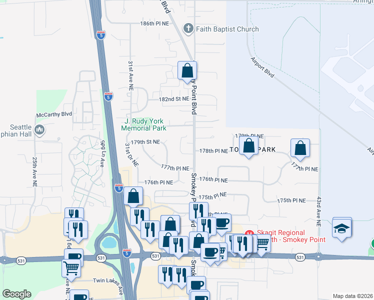 map of restaurants, bars, coffee shops, grocery stores, and more near 17910 34th Drive Northeast in Arlington