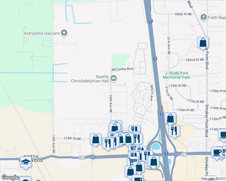 map of restaurants, bars, coffee shops, grocery stores, and more near 17921 25th Avenue Northeast in Marysville