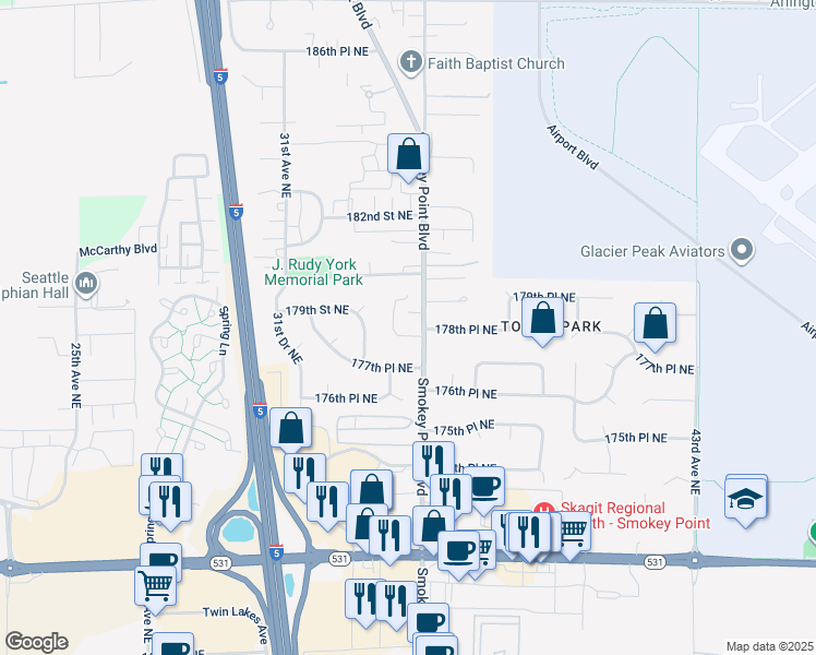 map of restaurants, bars, coffee shops, grocery stores, and more near 17820 Smokey Point Boulevard in Arlington
