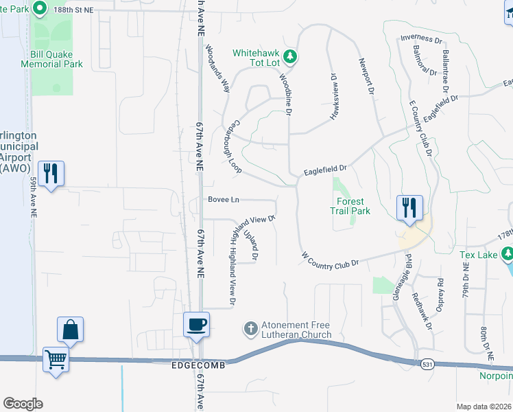 map of restaurants, bars, coffee shops, grocery stores, and more near 6905 Bovee Lane in Arlington