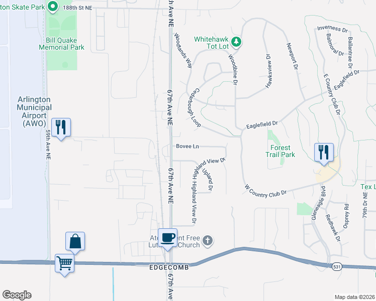 map of restaurants, bars, coffee shops, grocery stores, and more near 6802 Bovee Lane in Arlington