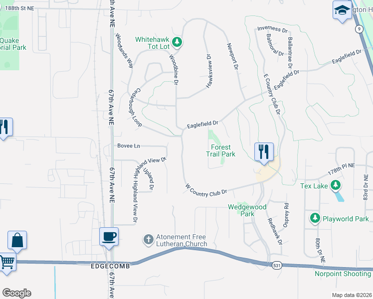 map of restaurants, bars, coffee shops, grocery stores, and more near 17905 West Country Club Drive in Arlington