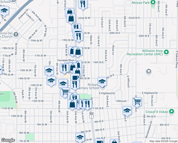 map of restaurants, bars, coffee shops, grocery stores, and more near 1502 Main Street in Williston