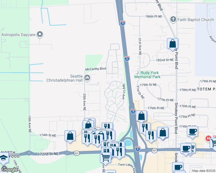 map of restaurants, bars, coffee shops, grocery stores, and more near 17908 27th Avenue Northeast in Marysville