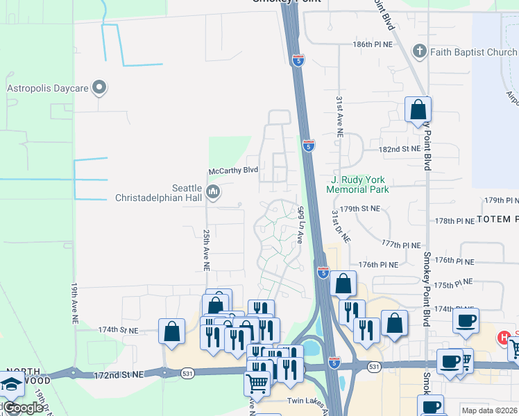 map of restaurants, bars, coffee shops, grocery stores, and more near 2718 179th Place Northeast in Marysville