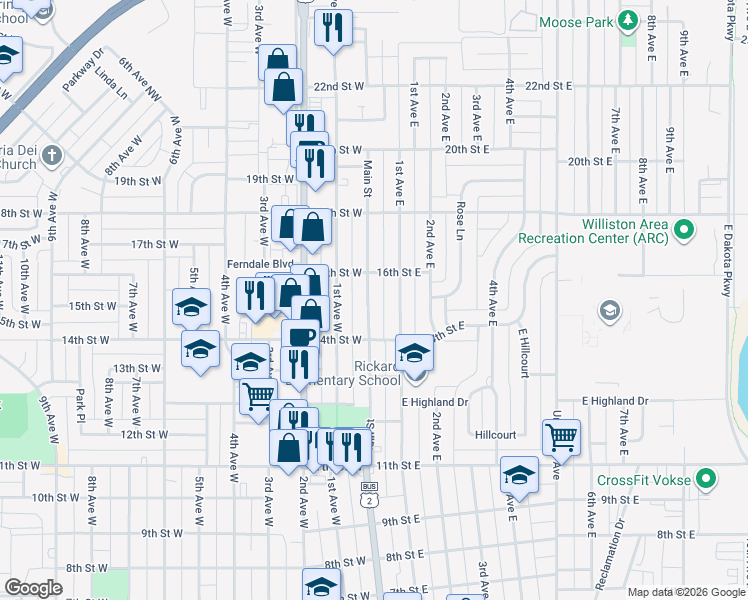 map of restaurants, bars, coffee shops, grocery stores, and more near 1502 Main Street in Williston