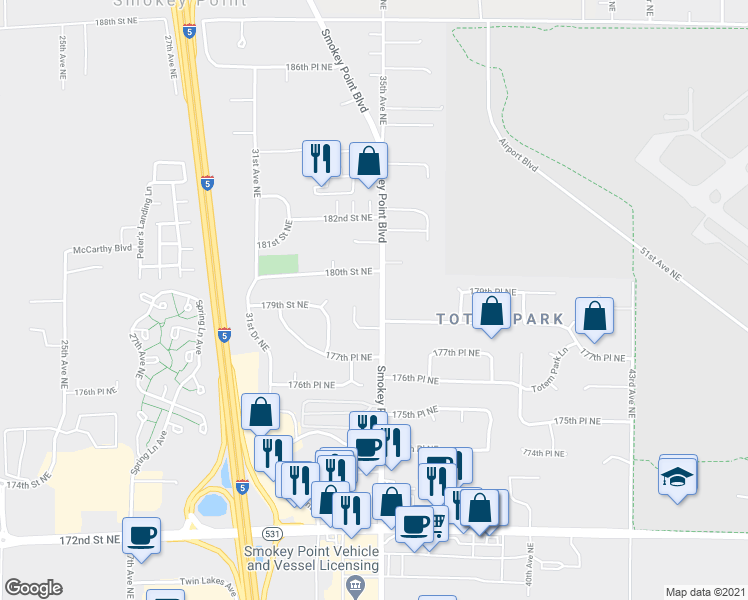 map of restaurants, bars, coffee shops, grocery stores, and more near 17910 34th Drive Northeast in Arlington