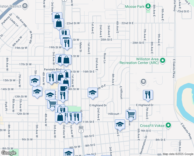 map of restaurants, bars, coffee shops, grocery stores, and more near 200 Rose Lane in Williston