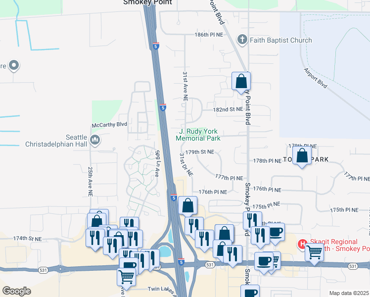 map of restaurants, bars, coffee shops, grocery stores, and more near 17909 31st Drive Northeast in Arlington