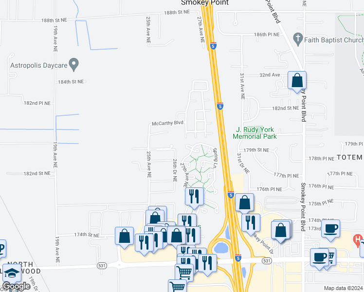 map of restaurants, bars, coffee shops, grocery stores, and more near 2712 179th Place Northeast in Marysville