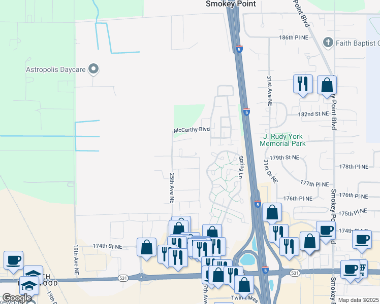 map of restaurants, bars, coffee shops, grocery stores, and more near 17921 25th Avenue Northeast in Marysville