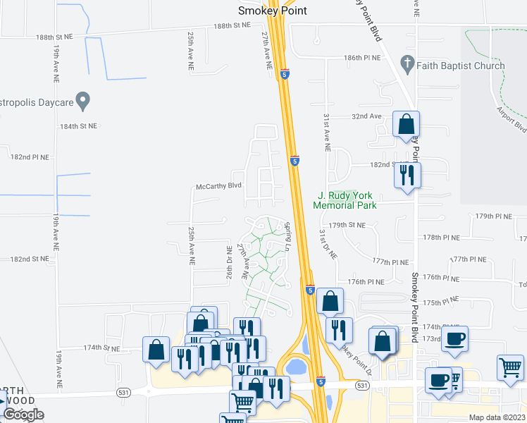 map of restaurants, bars, coffee shops, grocery stores, and more near 2809 180th Street Northeast in Marysville