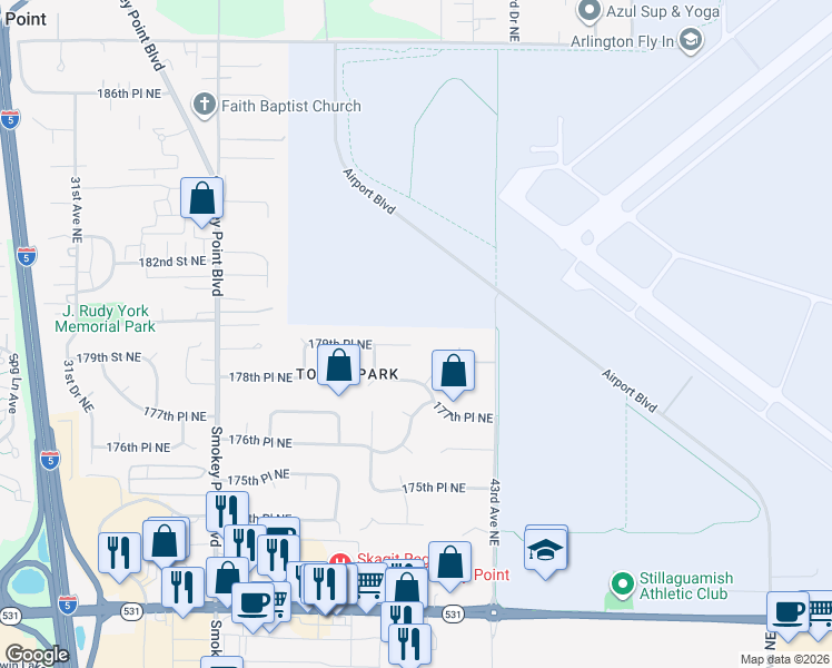 map of restaurants, bars, coffee shops, grocery stores, and more near 4005 179th Place Northeast in Arlington