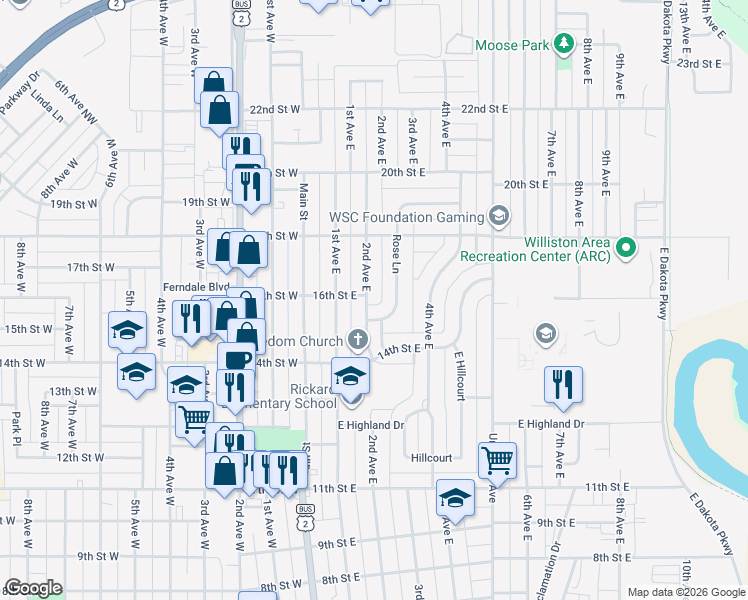 map of restaurants, bars, coffee shops, grocery stores, and more near 200-298 Rose Lane in Williston