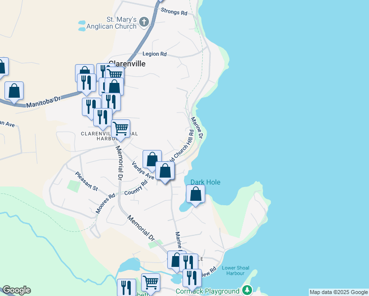 map of restaurants, bars, coffee shops, grocery stores, and more near Old Church Hill Road in Clarenville