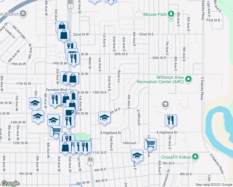 map of restaurants, bars, coffee shops, grocery stores, and more near 200-298 Rose Lane in Williston