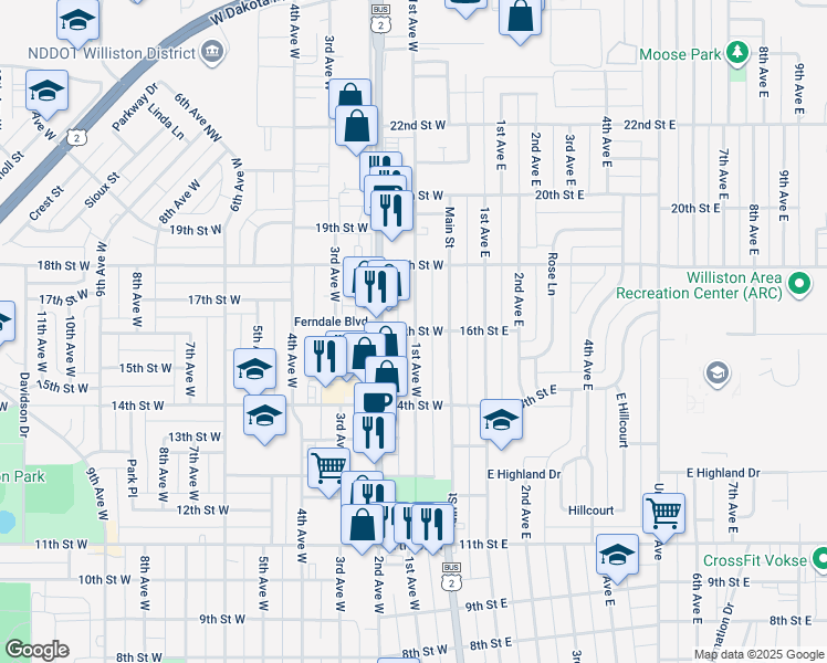map of restaurants, bars, coffee shops, grocery stores, and more near 1401-1599 1st Avenue West in Williston