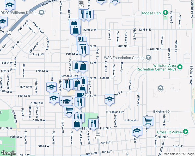 map of restaurants, bars, coffee shops, grocery stores, and more near 1600 Main Street in Williston