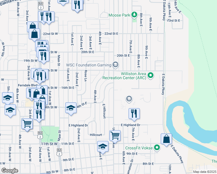 map of restaurants, bars, coffee shops, grocery stores, and more near 1401-1699 East Hillcourt in Williston