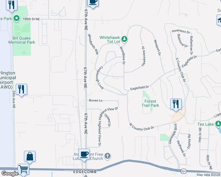 map of restaurants, bars, coffee shops, grocery stores, and more near 6913 Cedarbough Loop in Arlington