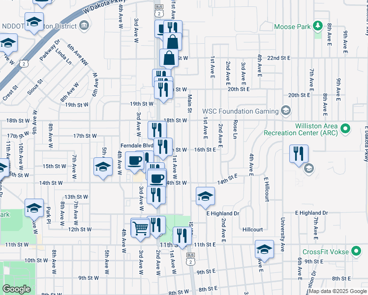 map of restaurants, bars, coffee shops, grocery stores, and more near 1600-1798 Main Street in Williston