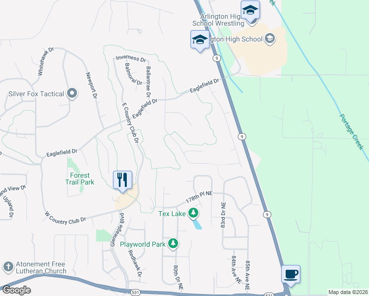 map of restaurants, bars, coffee shops, grocery stores, and more near 18123 Greywalls Drive in Arlington
